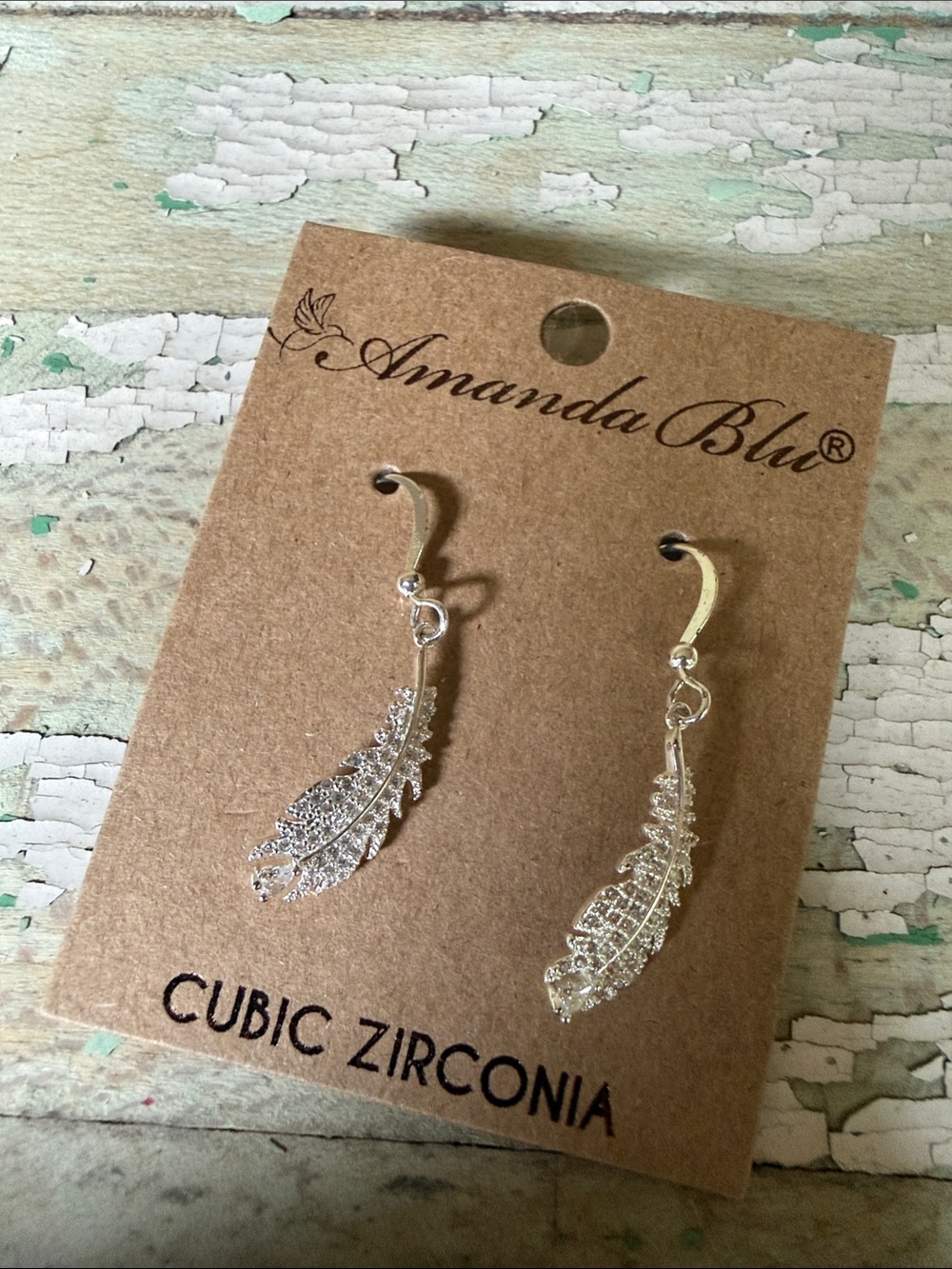 🌿New Silver Cubic Zirconia Feather Drop Earrings